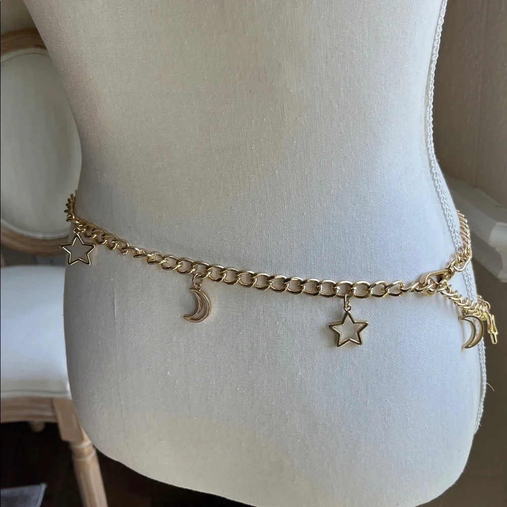 Gold Tone Chain Belt with Star and Moon Charms Celestial